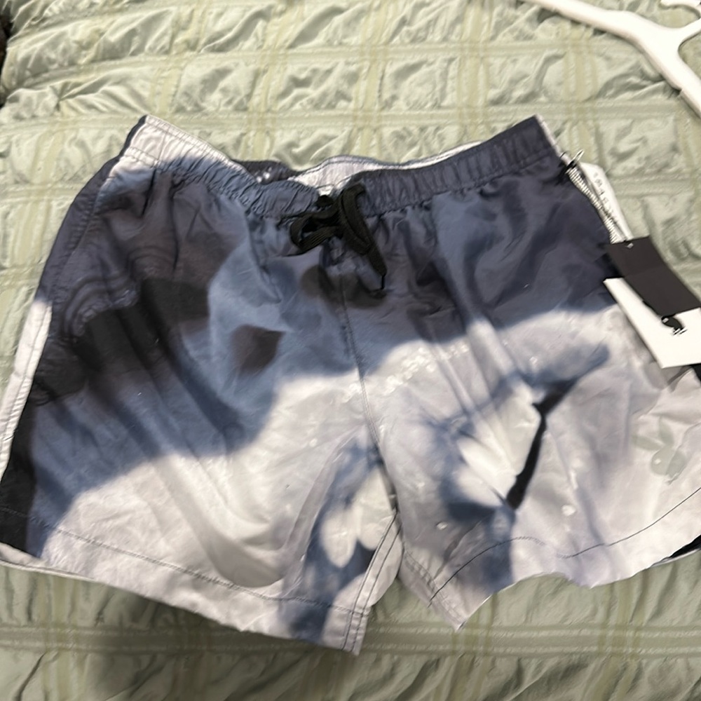 NWT PLAYBOY men's swim trunks Purchased at PacSun.navy gray & white tie-dye look
